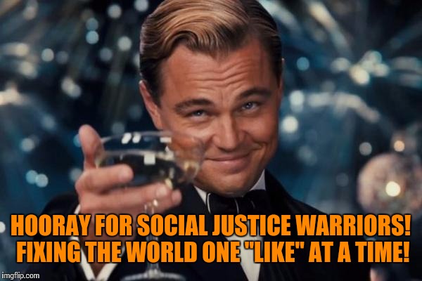 Leonardo Dicaprio Cheers Meme | HOORAY FOR SOCIAL JUSTICE WARRIORS! FIXING THE WORLD ONE "LIKE" AT A TIME! | image tagged in memes,leonardo dicaprio cheers | made w/ Imgflip meme maker