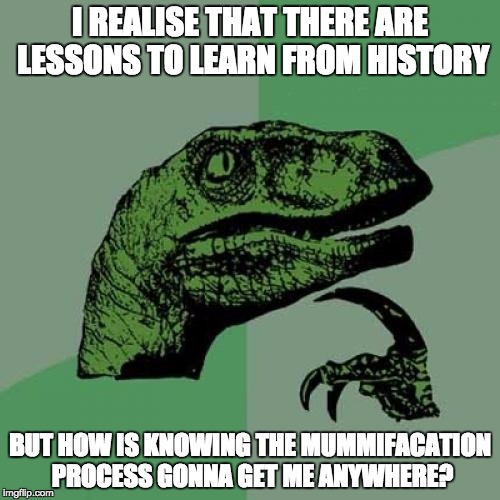 Philosoraptor Meme | I REALISE THAT THERE ARE LESSONS TO LEARN FROM HISTORY; BUT HOW IS KNOWING THE MUMMIFACATION PROCESS GONNA GET ME ANYWHERE? | image tagged in memes,philosoraptor | made w/ Imgflip meme maker