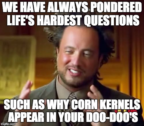 Life's Hardest Questions | WE HAVE ALWAYS PONDERED LIFE'S HARDEST QUESTIONS; SUCH AS WHY CORN KERNELS APPEAR IN YOUR DOO-DOO'S | image tagged in memes,ancient aliens,think about it,life | made w/ Imgflip meme maker