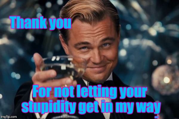 Leonardo Dicaprio Cheers | Thank you; ,,, For not letting your stupidity get in my way | image tagged in memes,leonardo dicaprio cheers | made w/ Imgflip meme maker