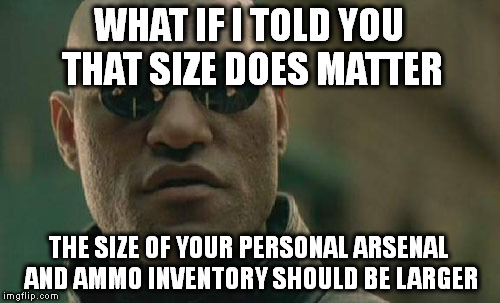 Matrix Morpheus Meme | WHAT IF I TOLD YOU THAT SIZE DOES MATTER; THE SIZE OF YOUR PERSONAL ARSENAL AND AMMO INVENTORY SHOULD BE LARGER | image tagged in memes,matrix morpheus | made w/ Imgflip meme maker