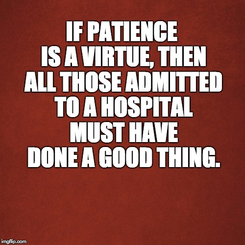 Blank Red Background | IF PATIENCE IS A VIRTUE, THEN ALL THOSE ADMITTED TO A HOSPITAL MUST HAVE DONE A GOOD THING. | image tagged in blank red background,bad pun | made w/ Imgflip meme maker