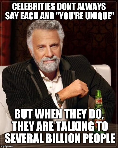 The Most Interesting Man In The World Meme | CELEBRITIES DONT ALWAYS SAY EACH AND "YOU'RE UNIQUE" BUT WHEN THEY DO, THEY ARE TALKING TO SEVERAL BILLION PEOPLE | image tagged in memes,the most interesting man in the world | made w/ Imgflip meme maker