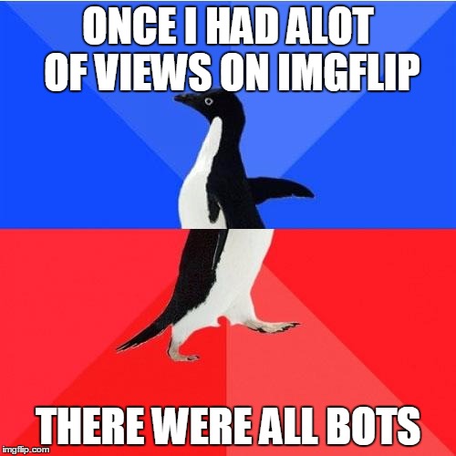 Socially Awkward Awesome Penguin | ONCE I HAD ALOT OF VIEWS ON IMGFLIP; THERE WERE ALL BOTS | image tagged in memes,socially awkward awesome penguin | made w/ Imgflip meme maker