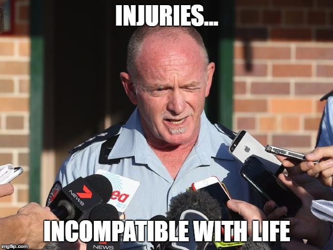 Injuries incompatible with life | INJURIES... INCOMPATIBLE WITH LIFE | image tagged in injuries,incompatible,incompatiblewithlife,australianrollercoster | made w/ Imgflip meme maker