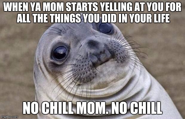 Awkward Moment Sealion Meme | WHEN YA MOM STARTS YELLING AT YOU
FOR ALL THE THINGS YOU DID IN YOUR LIFE; NO CHILL MOM. NO CHILL | image tagged in memes,awkward moment sealion | made w/ Imgflip meme maker