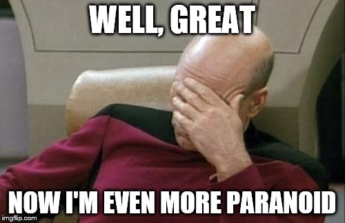 Captain Picard Facepalm Meme | WELL, GREAT NOW I'M EVEN MORE PARANOID | image tagged in memes,captain picard facepalm | made w/ Imgflip meme maker