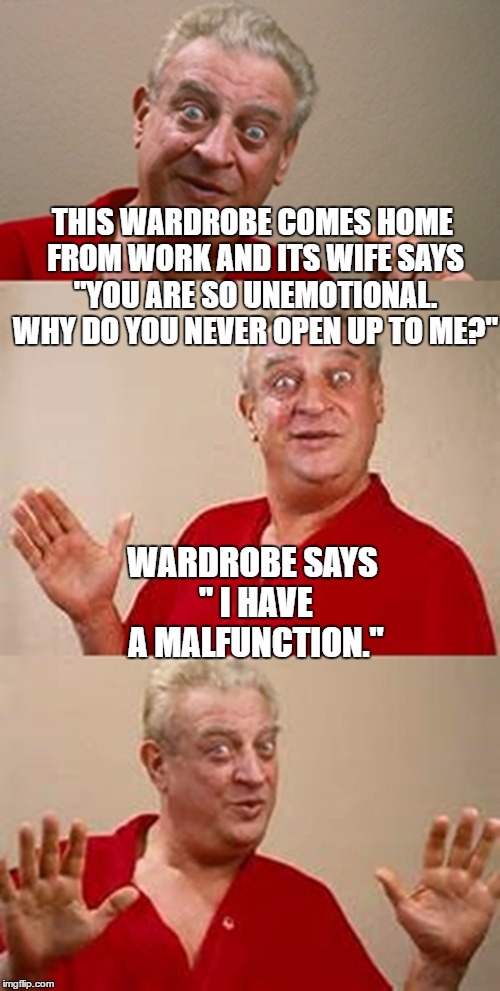 Rodney's Wardrobe | THIS WARDROBE COMES HOME FROM WORK AND ITS WIFE SAYS "YOU ARE SO UNEMOTIONAL. WHY DO YOU NEVER OPEN UP TO ME?"; WARDROBE SAYS " I HAVE A MALFUNCTION." | image tagged in bad pun rodney dangerfield,wardrobe malfunction,narnia wardrobe,janet jackson,halftime | made w/ Imgflip meme maker