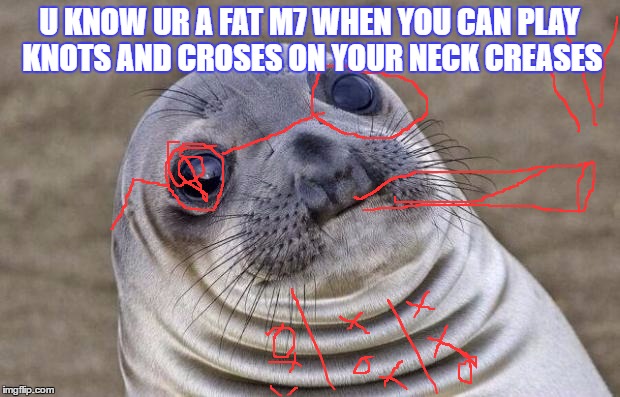 Awkward Moment Sealion | U KNOW UR A FAT M7 WHEN YOU CAN PLAY KNOTS AND CROSES ON YOUR NECK CREASES | image tagged in memes,awkward moment sealion | made w/ Imgflip meme maker