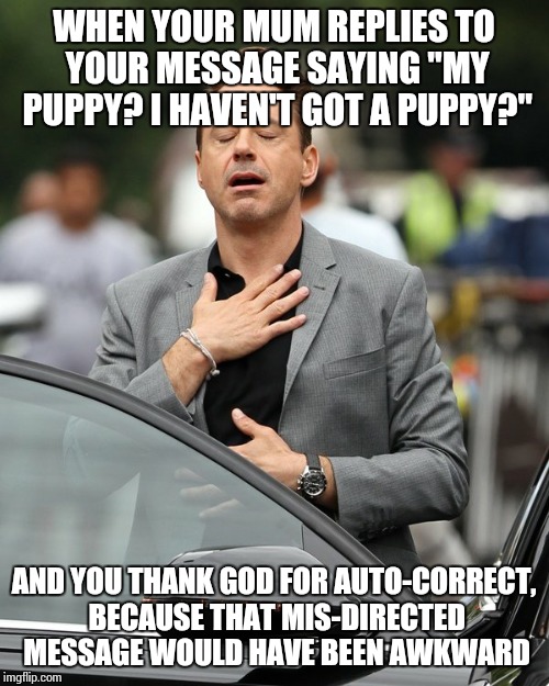 Relief |  WHEN YOUR MUM REPLIES TO YOUR MESSAGE SAYING "MY PUPPY? I HAVEN'T GOT A PUPPY?"; AND YOU THANK GOD FOR AUTO-CORRECT, BECAUSE THAT MIS-DIRECTED MESSAGE WOULD HAVE BEEN AWKWARD | image tagged in relief | made w/ Imgflip meme maker