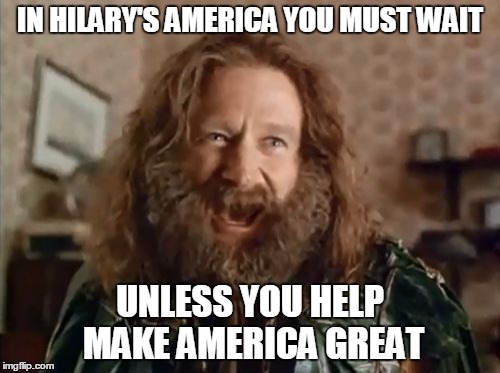 What Year Is It Meme | IN HILARY'S AMERICA YOU MUST WAIT; UNLESS YOU HELP MAKE AMERICA GREAT | image tagged in memes,what year is it | made w/ Imgflip meme maker