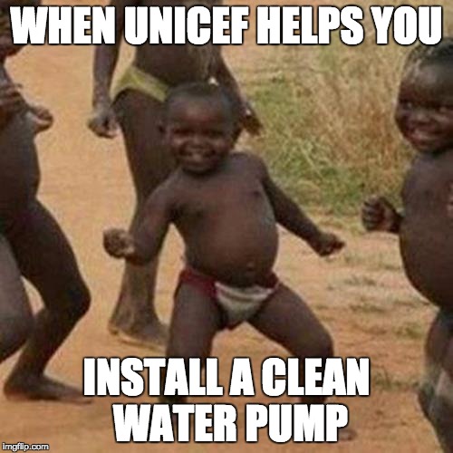 Help Those Who Can't Fend For Themselves | WHEN UNICEF HELPS YOU; INSTALL A CLEAN WATER PUMP | image tagged in memes,third world success kid,donation,thanks,dance,water | made w/ Imgflip meme maker