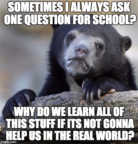 Confession Bear | SOMETIMES I ALWAYS ASK ONE QUESTION FOR SCHOOL? WHY DO WE LEARN ALL OF THIS STUFF IF ITS NOT GONNA HELP US IN THE REAL WORLD? | image tagged in memes,confession bear | made w/ Imgflip meme maker