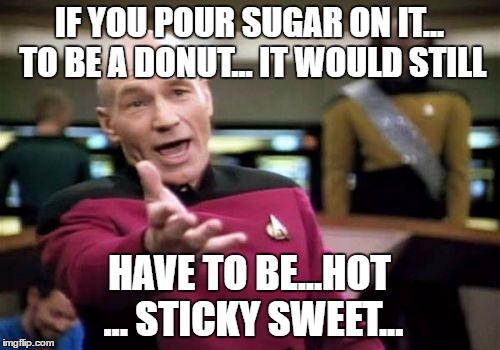 Picard Wtf Meme | IF YOU POUR SUGAR ON IT... TO BE A DONUT... IT WOULD STILL HAVE TO BE...HOT ... STICKY SWEET... | image tagged in memes,picard wtf | made w/ Imgflip meme maker