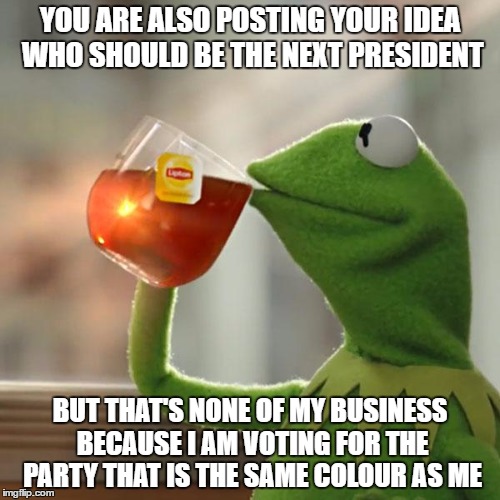 But That's None Of My Business | YOU ARE ALSO POSTING YOUR IDEA WHO SHOULD BE THE NEXT PRESIDENT; BUT THAT'S NONE OF MY BUSINESS BECAUSE I AM VOTING FOR THE PARTY THAT IS THE SAME COLOUR AS ME | image tagged in memes,but thats none of my business,kermit the frog,presidential race,president 2016 | made w/ Imgflip meme maker