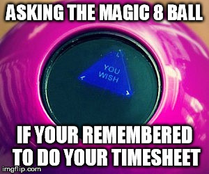 Did I remember my Timesheet? | ASKING THE MAGIC 8 BALL; IF YOUR REMEMBERED TO DO YOUR TIMESHEET | image tagged in timesheet reminder | made w/ Imgflip meme maker