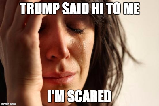 First World Problems Meme | TRUMP SAID HI TO ME; I'M SCARED | image tagged in memes,first world problems | made w/ Imgflip meme maker