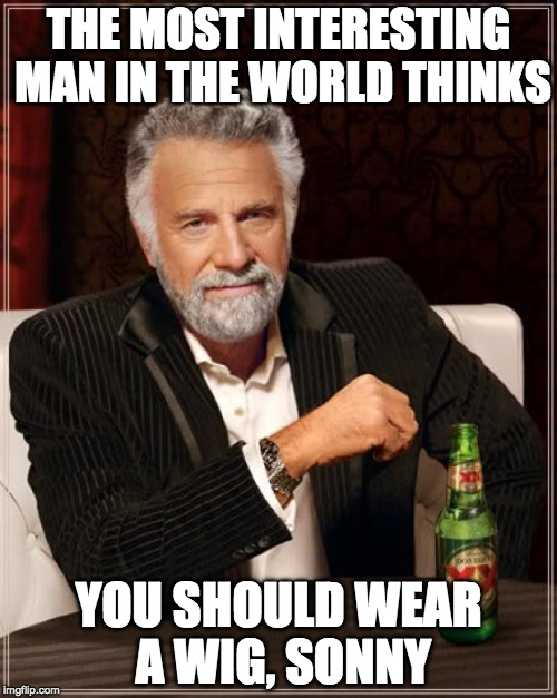 The Most Interesting Man In The World | THE MOST INTERESTING MAN IN THE WORLD THINKS; YOU SHOULD WEAR A WIG, SONNY | image tagged in memes,the most interesting man in the world | made w/ Imgflip meme maker