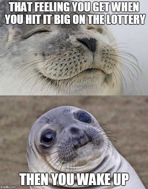 Every damn time! | THAT FEELING YOU GET WHEN YOU HIT IT BIG ON THE LOTTERY; THEN YOU WAKE UP | image tagged in memes,short satisfaction vs truth | made w/ Imgflip meme maker