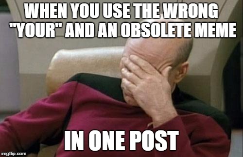Captain Picard Facepalm Meme | WHEN YOU USE THE WRONG "YOUR" AND AN OBSOLETE MEME IN ONE POST | image tagged in memes,captain picard facepalm | made w/ Imgflip meme maker
