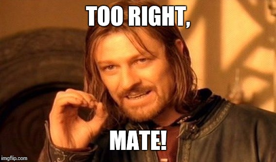 One Does Not Simply Meme | TOO RIGHT, MATE! | image tagged in memes,one does not simply | made w/ Imgflip meme maker