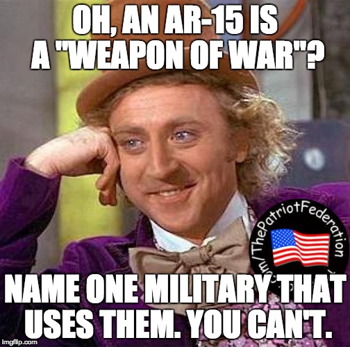 Creepy Condescending Wonka Meme | OH, AN AR-15 IS A "WEAPON OF WAR"? NAME ONE MILITARY THAT USES THEM. YOU CAN'T. | image tagged in memes,creepy condescending wonka | made w/ Imgflip meme maker