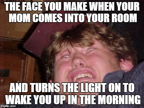 WTF | THE FACE YOU MAKE WHEN YOUR MOM COMES INTO YOUR ROOM; AND TURNS THE LIGHT ON TO WAKE YOU UP IN THE MORNING | image tagged in memes,wtf | made w/ Imgflip meme maker