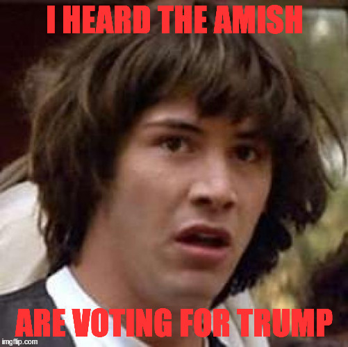 Conspiracy Keanu Meme | I HEARD THE AMISH; ARE VOTING FOR TRUMP | image tagged in memes,conspiracy keanu | made w/ Imgflip meme maker
