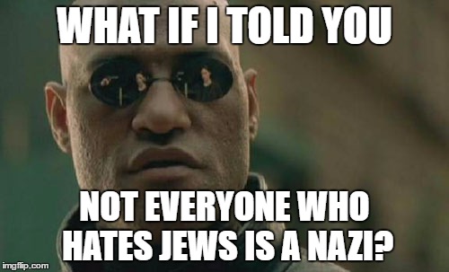 Matrix Morpheus | WHAT IF I TOLD YOU; NOT EVERYONE WHO HATES JEWS IS A NAZI? | image tagged in memes,matrix morpheus,hate,jews,nazi | made w/ Imgflip meme maker