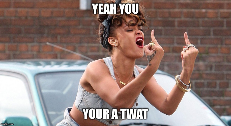 Rihanna Pissed Off | YEAH YOU; YOUR A TWAT | image tagged in rihanna pissed off | made w/ Imgflip meme maker