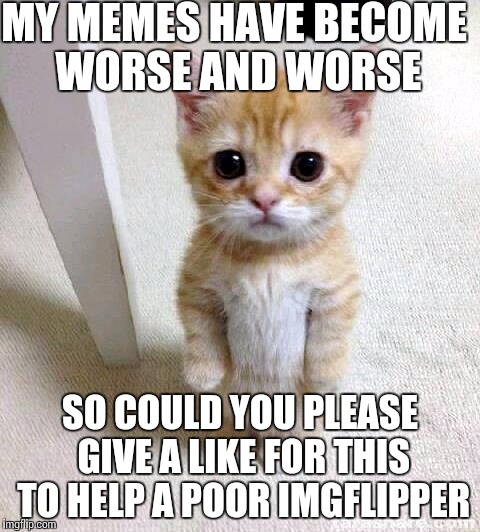 Cute Cat Meme | MY MEMES HAVE BECOME WORSE AND WORSE; SO COULD YOU PLEASE GIVE A LIKE FOR THIS TO HELP A POOR IMGFLIPPER | image tagged in memes,cute cat | made w/ Imgflip meme maker