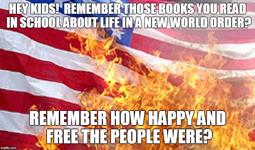 Burning Flag | HEY KIDS!  REMEMBER THOSE BOOKS YOU READ IN SCHOOL ABOUT LIFE IN A NEW WORLD ORDER? REMEMBER HOW HAPPY AND FREE THE PEOPLE WERE? | image tagged in burning flag,new world order | made w/ Imgflip meme maker