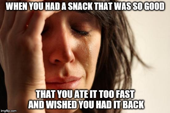 First World Problems | WHEN YOU HAD A SNACK THAT WAS SO GOOD; THAT YOU ATE IT TOO FAST AND WISHED YOU HAD IT BACK | image tagged in memes,first world problems | made w/ Imgflip meme maker