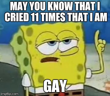 I'll Have You Know Spongebob Meme | MAY YOU KNOW THAT I CRIED 11 TIMES THAT I AM; GAY | image tagged in memes,ill have you know spongebob | made w/ Imgflip meme maker