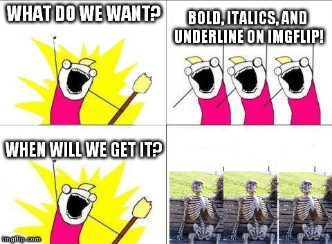 Beckett437 inspired. Originally a meme comment. Template created as "What do we want with waiting skeletons". | WHAT DO WE WANT? BOLD, ITALICS, AND UNDERLINE ON IMGFLIP! WHEN WILL WE GET IT? | image tagged in memes,what do we want with waiting skeletons | made w/ Imgflip meme maker