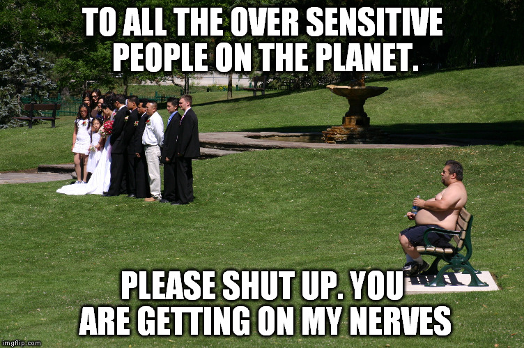 Sensitive people | TO ALL THE OVER SENSITIVE PEOPLE ON THE PLANET. PLEASE SHUT UP. YOU ARE GETTING ON MY NERVES | image tagged in overly sensitive | made w/ Imgflip meme maker