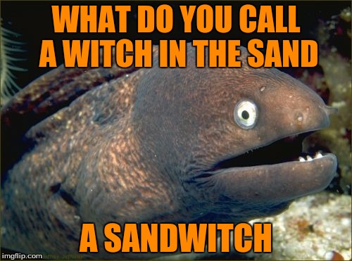 im pretty sure Its a Halloween meme since it is in orange | WHAT DO YOU CALL A WITCH IN THE SAND; A SANDWITCH | image tagged in memes,bad joke eel | made w/ Imgflip meme maker