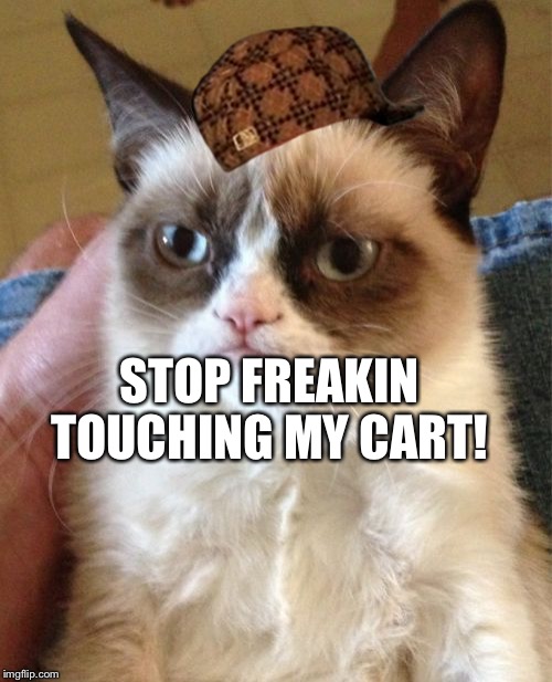Grumpy Cat Meme | STOP FREAKIN TOUCHING MY CART! | image tagged in memes,grumpy cat,scumbag | made w/ Imgflip meme maker