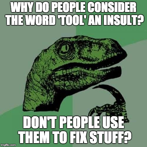 Philosoraptor |  WHY DO PEOPLE CONSIDER THE WORD 'TOOL' AN INSULT? DON'T PEOPLE USE THEM TO FIX STUFF? | image tagged in memes,philosoraptor | made w/ Imgflip meme maker
