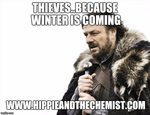 Brace Yourselves X is Coming | THIEVES..BECAUSE WINTER IS COMING; WWW.HIPPIEANDTHECHEMIST.COM | image tagged in memes,brace yourselves x is coming | made w/ Imgflip meme maker