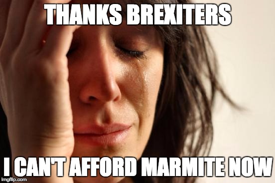 First World Problems Meme | THANKS BREXITERS; I CAN'T AFFORD MARMITE NOW | image tagged in memes,first world problems | made w/ Imgflip meme maker
