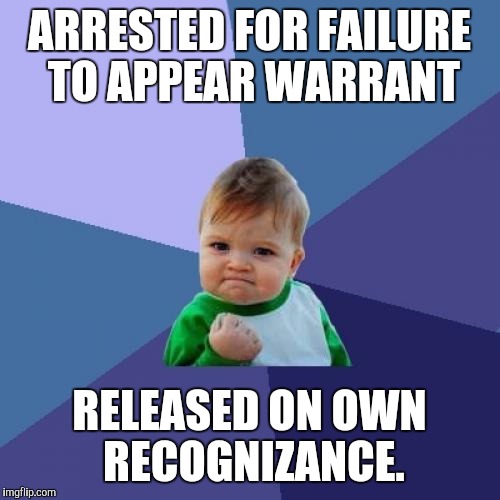 Success Kid Meme | ARRESTED FOR FAILURE TO APPEAR WARRANT; RELEASED ON OWN RECOGNIZANCE. | image tagged in memes,success kid | made w/ Imgflip meme maker