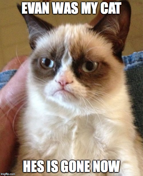 Grumpy Cat Meme | EVAN WAS MY CAT; HES IS GONE NOW | image tagged in memes,grumpy cat | made w/ Imgflip meme maker
