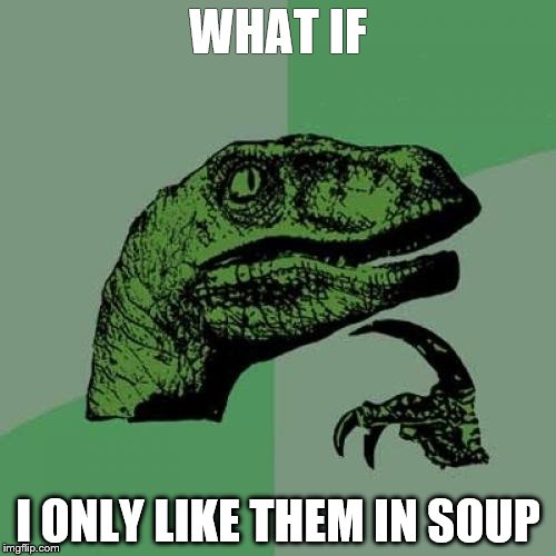 Philosoraptor Meme | WHAT IF; I ONLY LIKE THEM IN SOUP | image tagged in memes,philosoraptor | made w/ Imgflip meme maker