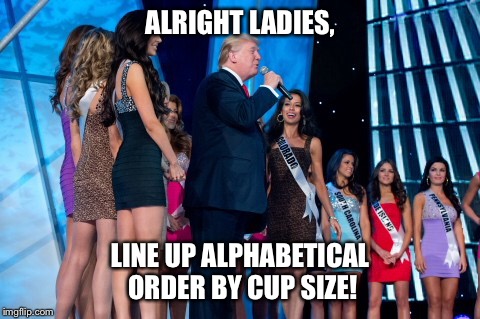 Donald Trump's cattle call | ALRIGHT LADIES, LINE UP ALPHABETICAL ORDER BY CUP SIZE! | image tagged in trump 2016,memes | made w/ Imgflip meme maker