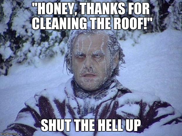 Jack Nicholson The Shining Snow | "HONEY, THANKS FOR CLEANING THE ROOF!"; SHUT THE HELL UP | image tagged in memes,jack nicholson the shining snow | made w/ Imgflip meme maker