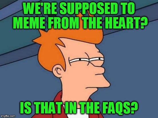 Futurama Fry Meme | WE'RE SUPPOSED TO MEME FROM THE HEART? IS THAT IN THE FAQS? | image tagged in memes,futurama fry | made w/ Imgflip meme maker