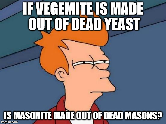 Eternal Questions | IF VEGEMITE IS MADE OUT OF DEAD YEAST; IS MASONITE MADE OUT OF DEAD MASONS? | image tagged in memes,futurama fry,vegemite,masons | made w/ Imgflip meme maker
