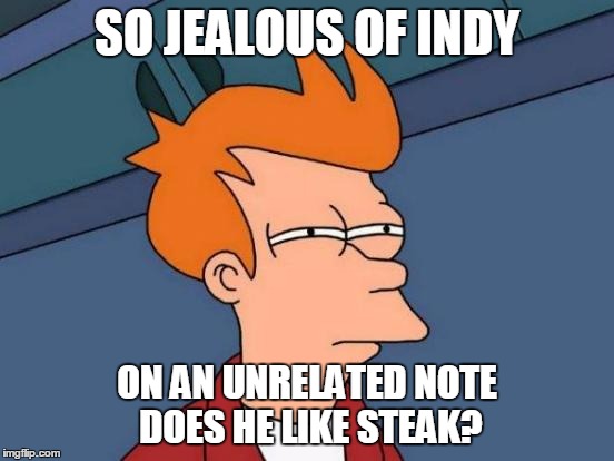 Futurama Fry Meme | SO JEALOUS OF INDY ON AN UNRELATED NOTE DOES HE LIKE STEAK? | image tagged in memes,futurama fry | made w/ Imgflip meme maker