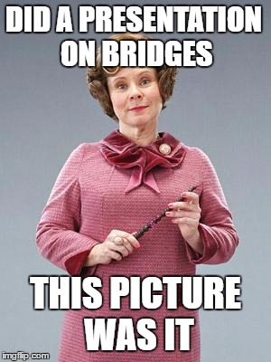 Professor Umbridge | DID A PRESENTATION ON BRIDGES; THIS PICTURE WAS IT | image tagged in professor umbridge | made w/ Imgflip meme maker
